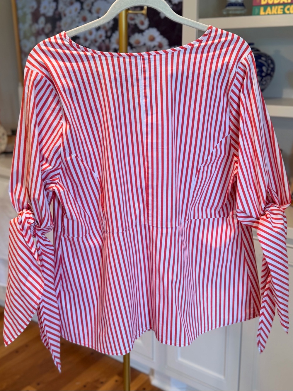 J. Crew Red and White Striped V-Neck Tie-Sleeve Blouse Size XL - Picture 2 of 10